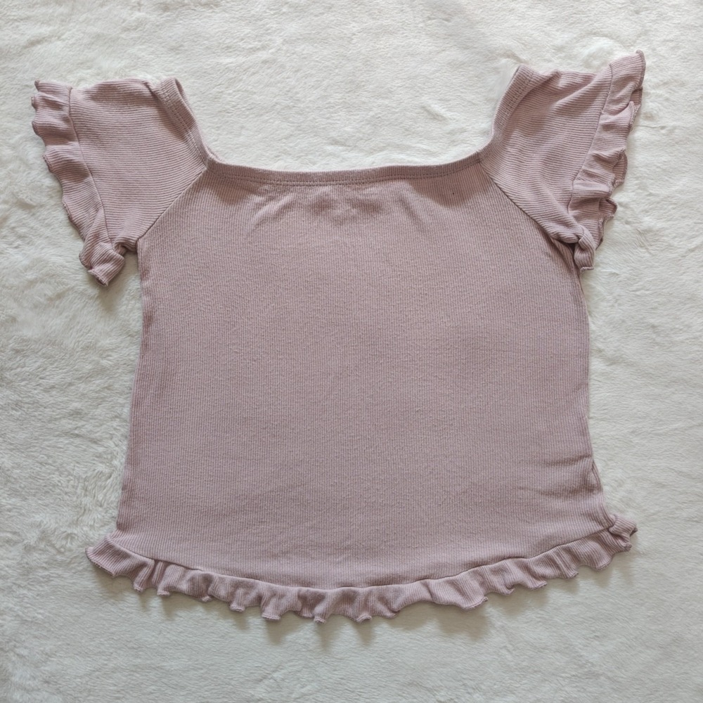 L.A Hearts Small Pink Lettuce Hem Off Shoulder Rib-knit Crop‎ Top Short Sleeve